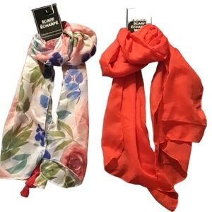 NWT 2 Scarfs Floral & Solid Coral Rose Scarfs for Neck, Hair, Fashion